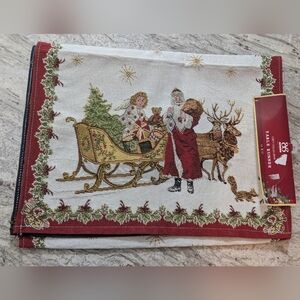 Holiday Santa Sleigh Table Runner Ivory W/ Red & Gold Gift Bag Angel Victorian